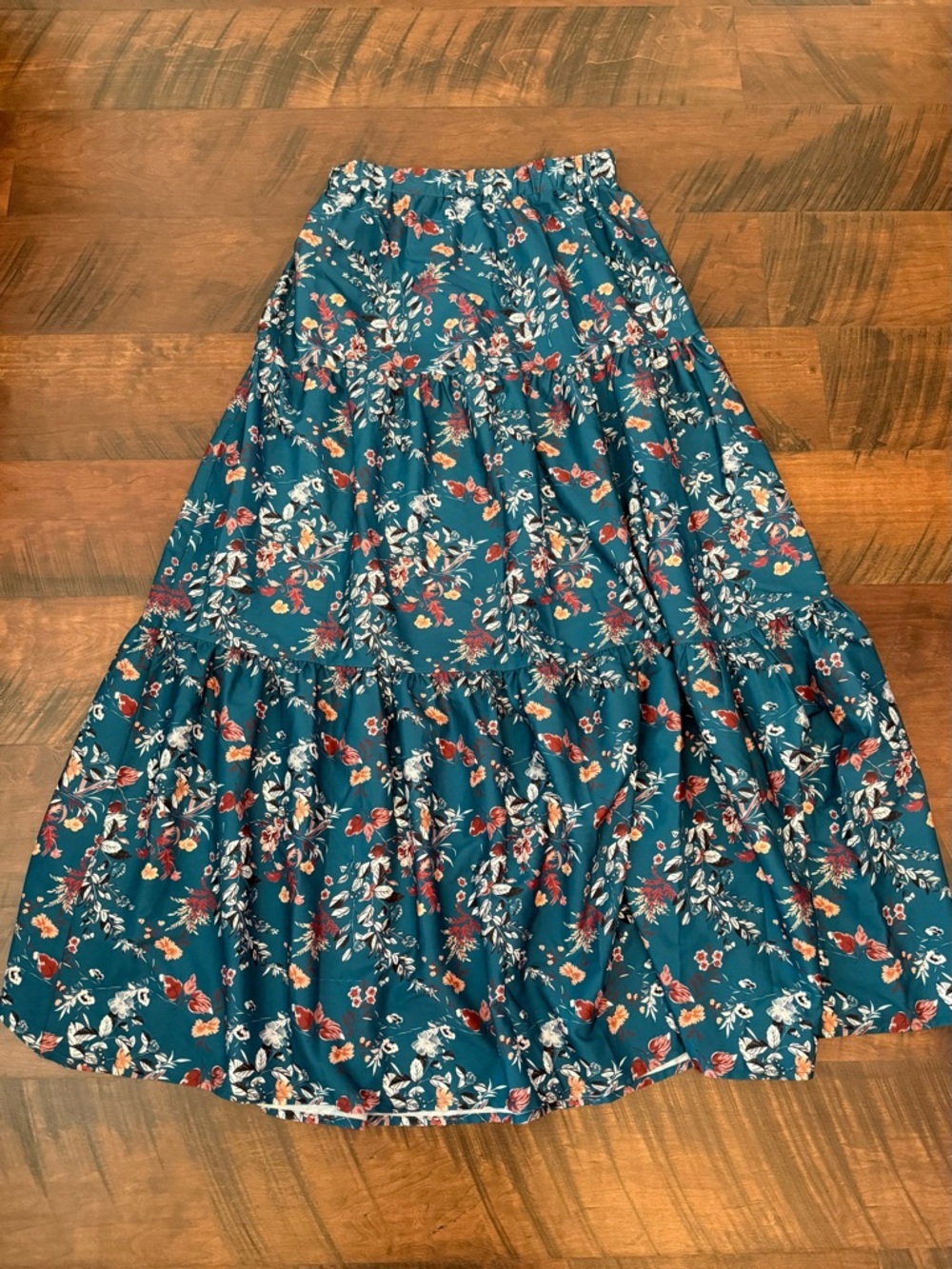 Chaolilai Floral Teal Tiered Maxi Peasant Skirt Elastic Waist Women Medium